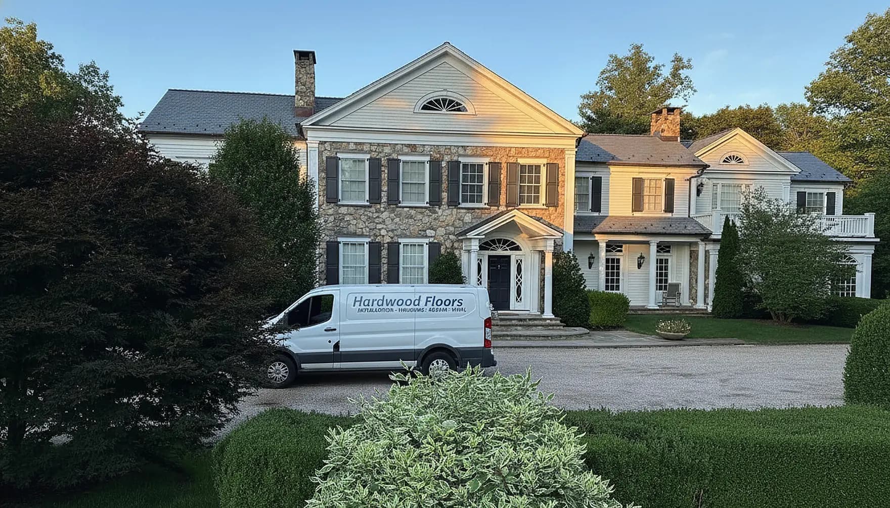 Success Hardwood Floors branded work van parked at a Fairfield County home