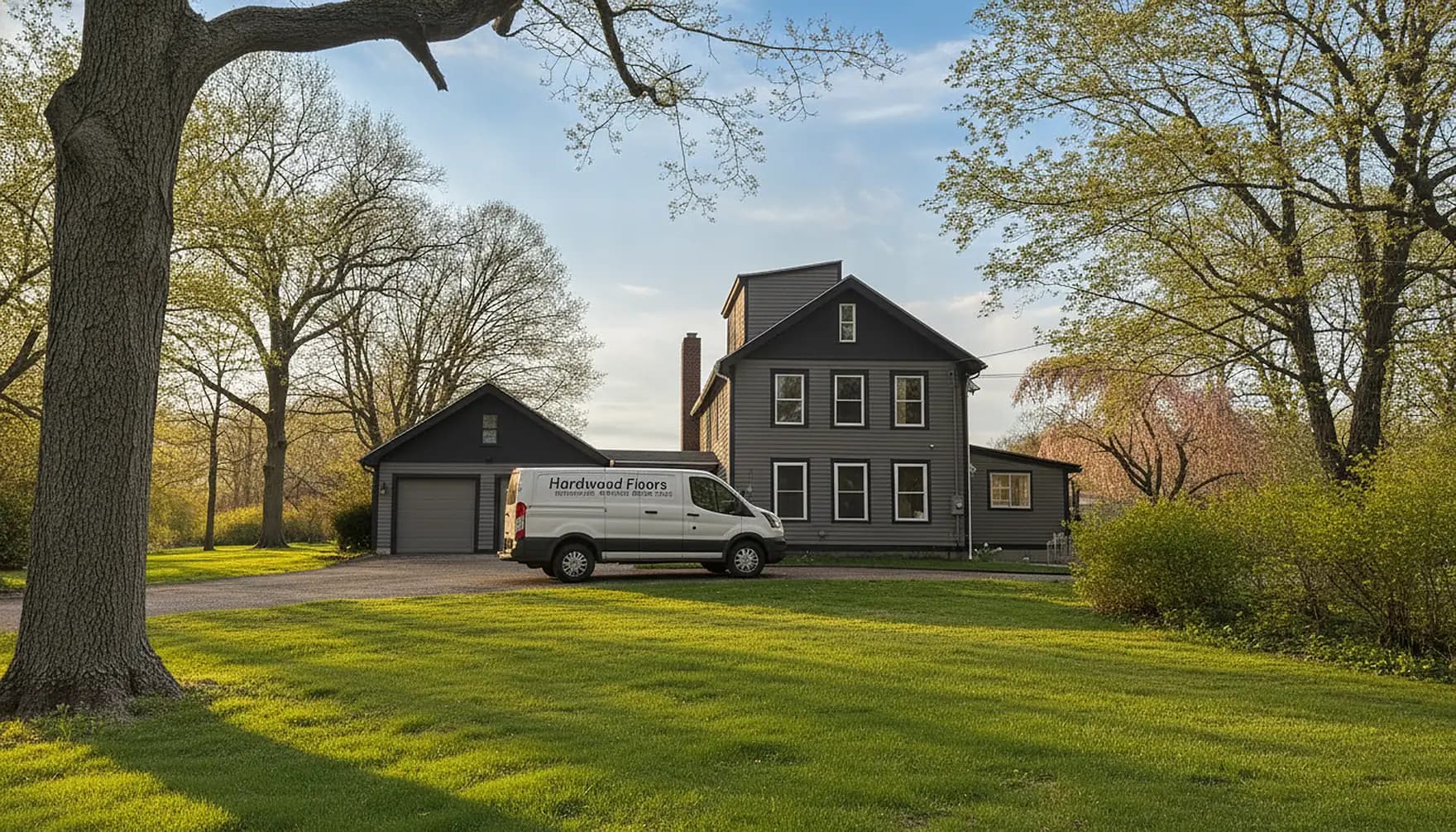 Success Hardwood Floors work van outside a Fairfield County home ready for a flooring project